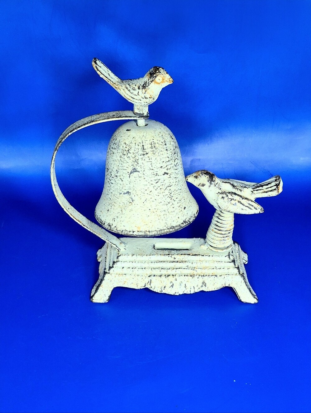 Vintage Cast Iron Desktop Bird Counter Bell – Distressed White Farmhouse Accent